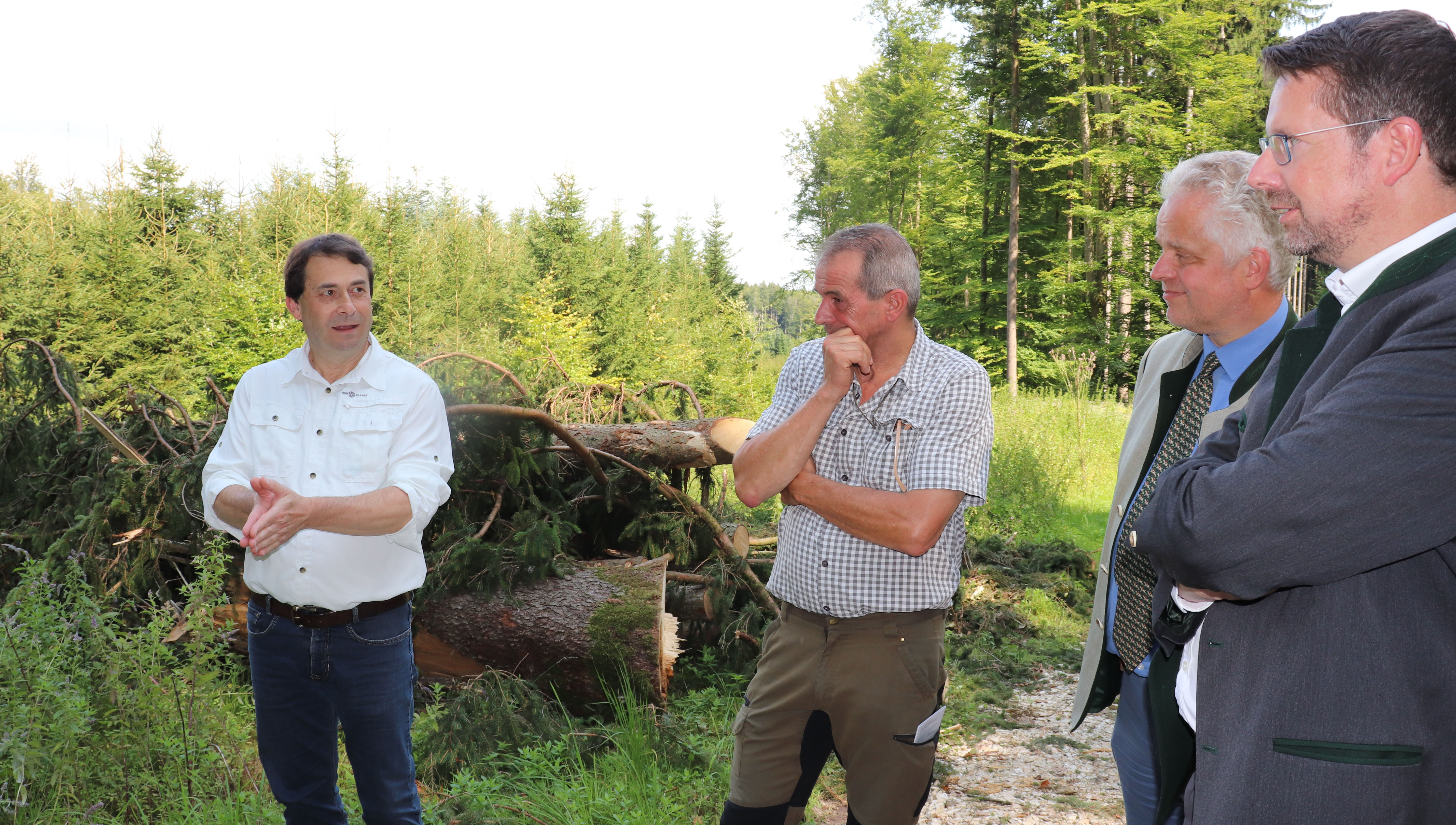 Stephan Stracke im Gespräch mit Ulrich Graf Fugger von Glött, dem Betriebsleiter Land und Forst der Fugger Günter Winkler und dem Bayerischen Waldpräsidenten Josef Ziegler (von rechts nach links).